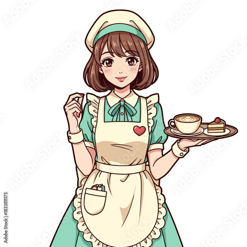 Adorable anime waitress cheerfully serves coffee and cake, radiating sweetness and charm, perfect for cafes, bakeries, and delightful treat promotions