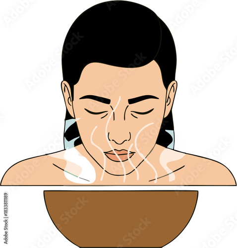 Woman enjoying a therapeutic steam inhalation facial from a bowl, a vector concept for health, skincare, and wellness