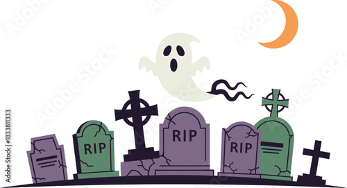 Spooky halloween graveyard scene with friendly ghost moon and eerie tombstones perfect for seasonal decorations and party invitations isolated on white background