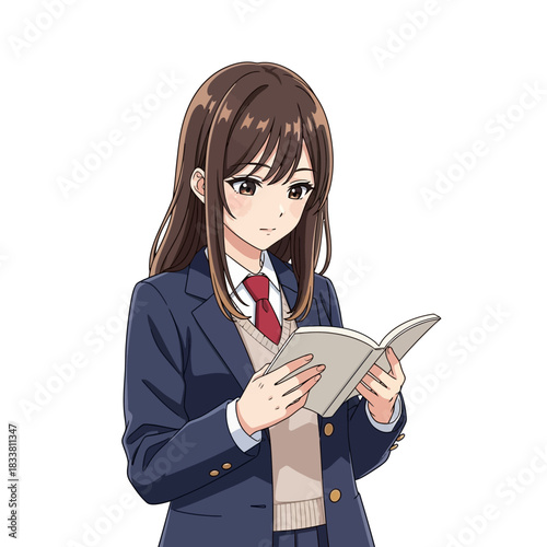 Focused anime schoolgirl engrossed in reading her book, studying hard for upcoming exams, perfect for educational or youth-oriented campaigns
