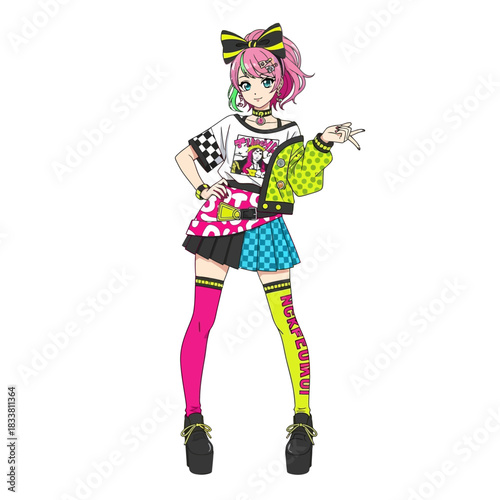 Vibrant anime character with bold fashion, perfect for creative projects and youthful designs, exuding energy and modern style with eye-catching color palettes