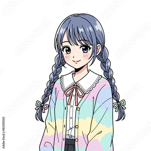 Charming anime girl with braided hair and pastel cardigan for manga, animation, or kawaii aesthetic projects, evokes innocence and youthful spirit