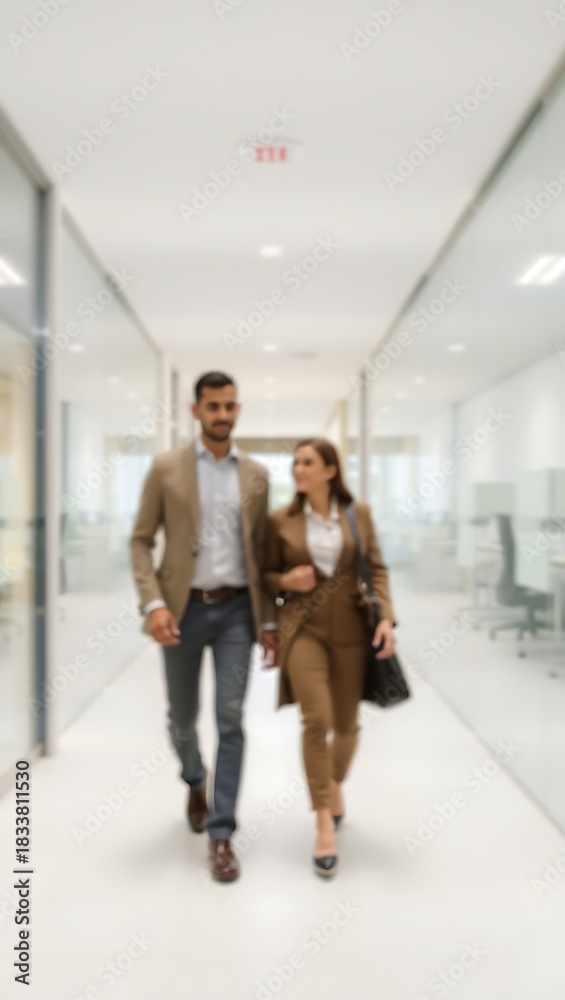 Fototapeta premium Generative AI depicts two business professionals confidently striding through a luminous modern