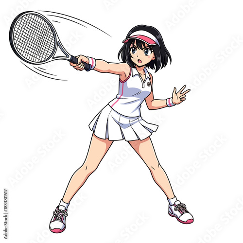 Dynamic anime tennis player hitting a powerful shot, showcasing athleticism and energy in a vibrant, modern style, perfect for sports and entertainment projects