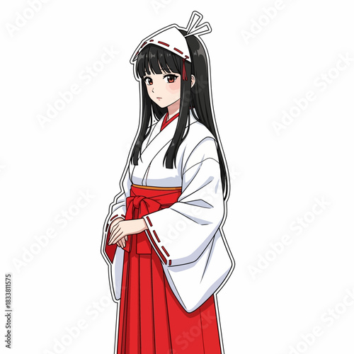 Serene anime girl dressed as Miko, a Japanese shrine maiden, perfect for manga, animation, or gaming projects with an authentic cultural touch
