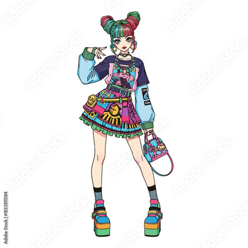 Vibrant anime girl in trendy, colorful street style fashion with bold accessories and platform shoes strikes a confident pose against a crisp white backdrop