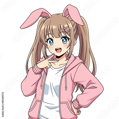 Adorable anime girl with bunny ears and a pink hoodie, perfect for manga and kawaii designs, conveying youthful charm and playful spirit, ideal for digital art