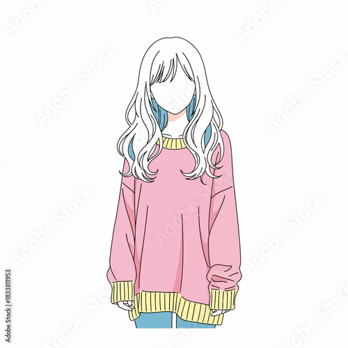 Trendy faceless woman with stylish pastel hair and oversized pink sweater, perfect for fashion blogs or modern social media campaigns
