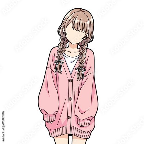 Charming faceless anime girl with braided pigtails and a pink cardigan, perfect for kawaii designs or cute lifestyle branding, add a touch of playful innocence