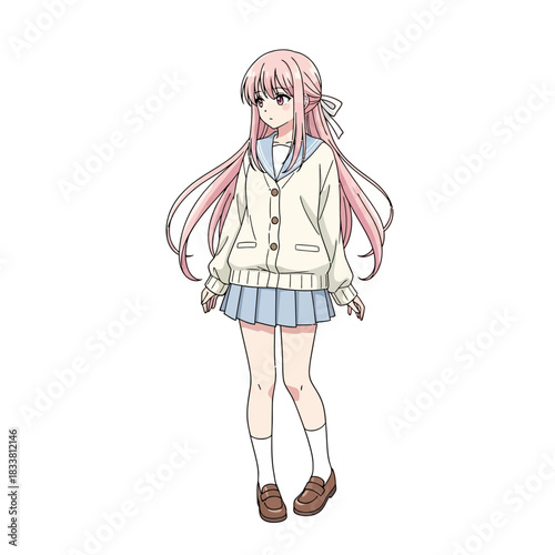 Captivating anime student girl with flowing pink hair in school uniform, a portrait of youthful beauty and vibrant character design for creative projects