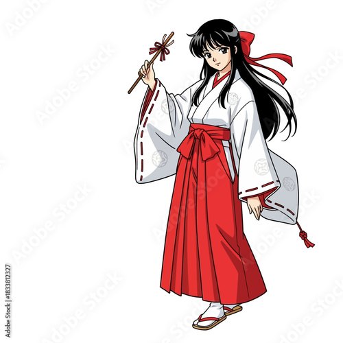 Graceful shrine maiden in traditional Japanese attire holding sacred offering, perfect for cultural events, anime fandom, and vibrant global celebrations