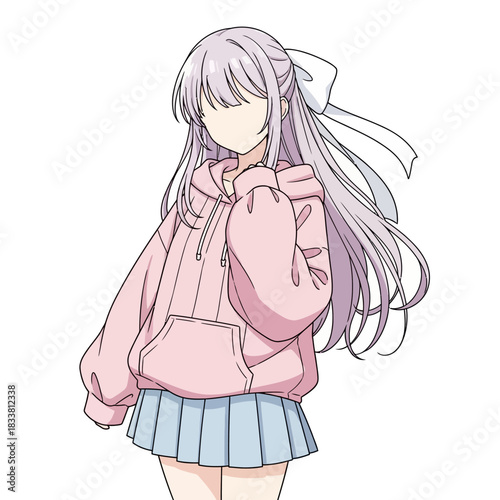Anime style girl in oversized pink hoodie and blue skirt for creative projects or unique designs that capture youthful energy and trendy fashion vibes