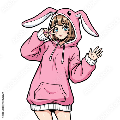 Adorable anime girl with bright eyes wearing a pink bunny hoodie making peace sign, perfect for fun, trendy designs and kawaii-themed projects