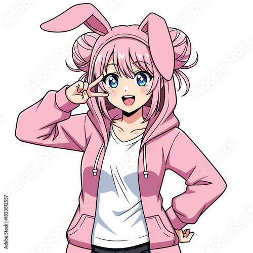Adorable anime girl in pink bunny hoodie making peace sign, perfect for kawaii designs and manga projects, radiates playful charm and youthful energy
