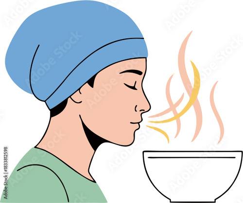 Vector illustration of a person with a covered head inhaling steam from a bowl for therapeutic relief from cold or flu symptoms