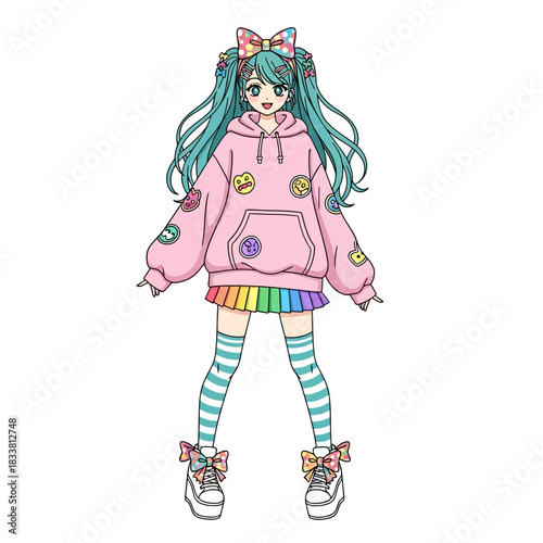 Adorable anime girl with vibrant turquoise hair, pink hoodie, and rainbow skirt expressing youthful joy and playful style in a colorful cartoon illustration