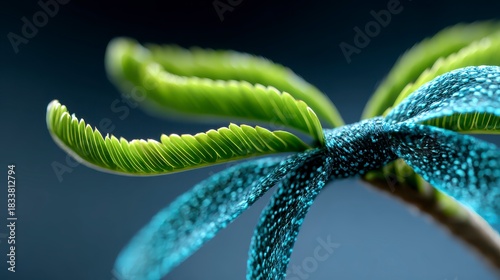 Close up view of a green leaf with intricate patterns against a blurred dark background