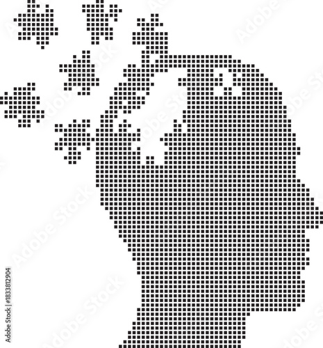 Black Dot Matrix Human Head Profile Graphic with Fragmenting Puzzle Pieces Isolated