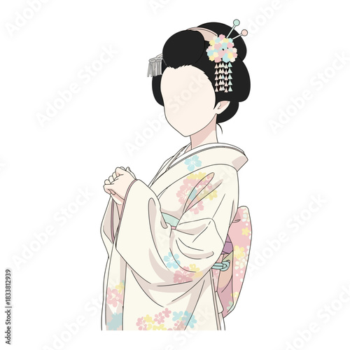 Elegant Japanese maiko with floral kimono and elaborate hairstyle, perfect for cultural projects, invitations, or artistic designs with a peaceful, serene vibe
