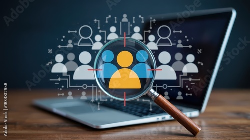 Magnifying glass focuses on selected user icon above digital network display on laptop