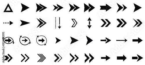 Collection of black arrow icons pointing in various directions and styles symbol graphic