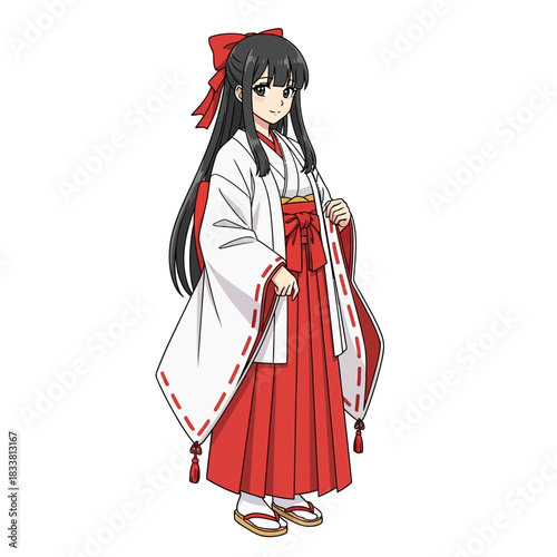 Anime girl in traditional Miko outfit with red bow, perfect for manga, gaming, or cultural projects needing authentic character design and vibrant style