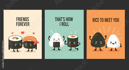 Cute sushi and rice ball characters on three separate cards with playful puns.
