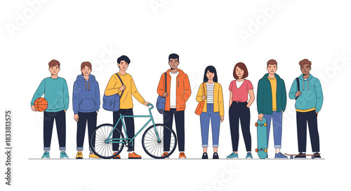 Diverse group of young adults standing together with sports equipment and accessories.