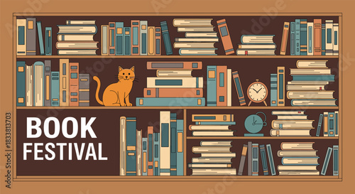 Vector illustration of a bookshelf filled with books, featuring an orange cat and text reading book festival.