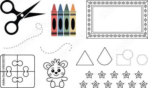 Children's Learning Activity: Shapes, Scissors, Crayons, Puzzle, and Mouse