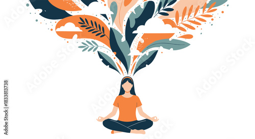 A person meditating with abstract colorful floral and cloud elements emanating from their head.