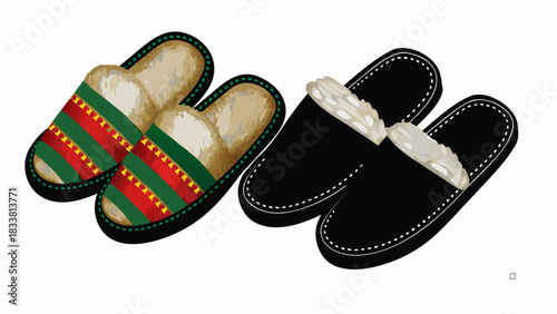 Cozy comfort two pairs of plush slippers a green and red striped pair and plain black house shoes