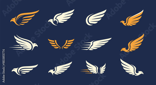 Collection of stylized eagle wing logos in various designs and colors on a navy blue background.