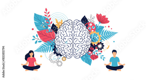 Two people meditating on either side of a stylized brain with colorful floral and gear elements.