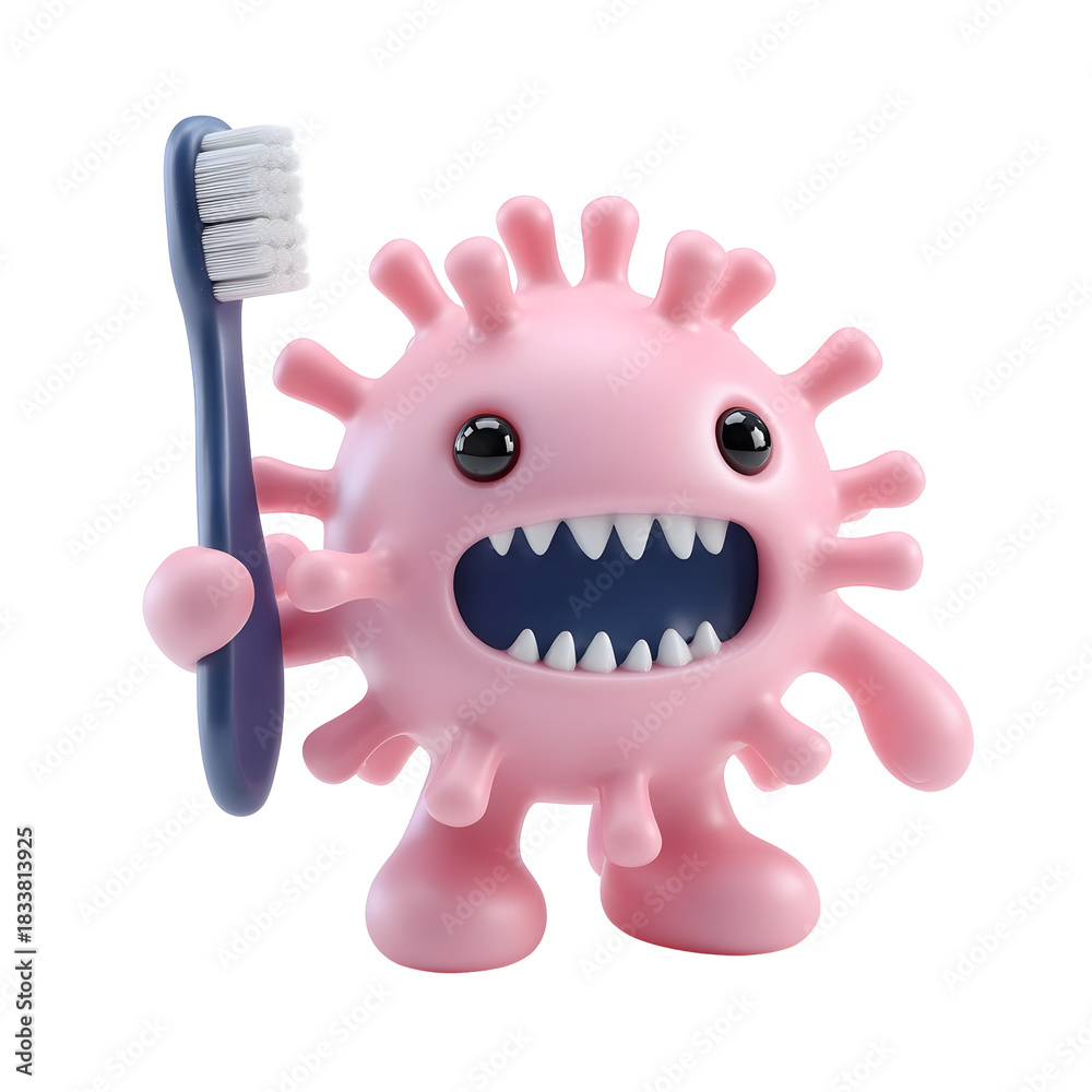 Fototapeta premium A cute pink cartoon germ character with a toothbrush presented in a 3D render style against a white background