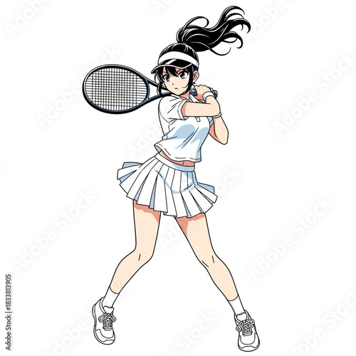 Anime tennis star poised to dominate the court, youthful energy and athletic prowess combine in a striking pose, perfect for sports promotions and manga art