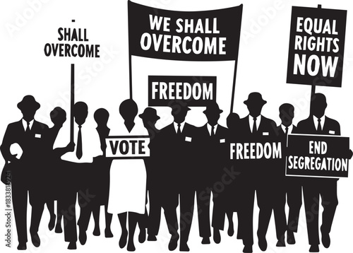 Silhouettes of protestors marching with signs for civil rights and equality