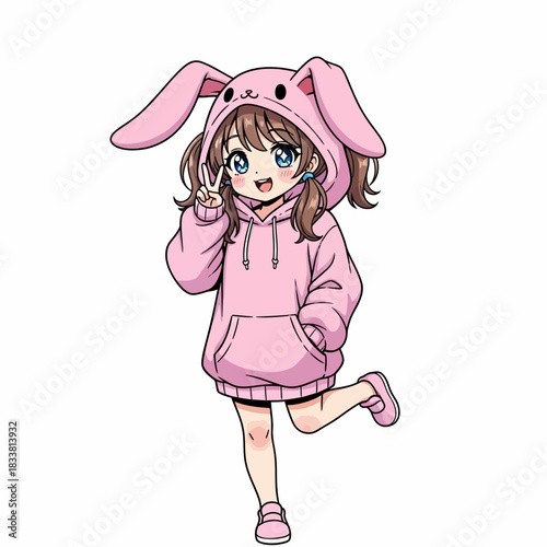 Adorable anime girl in bunny hoodie making peace sign, perfect for manga, gaming, or kawaii-themed designs, brings a touch of youthful joy and playfulness