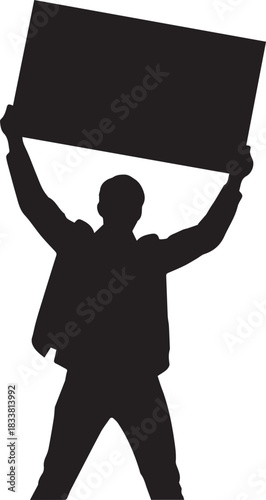 Silhouette of a person holding up a blank sign in protest or demonstration