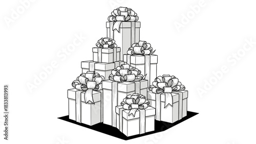 A black and white line drawing illustration of a large stack of wrapped gift boxes with bows, arranged in a festive pyramid shape.
