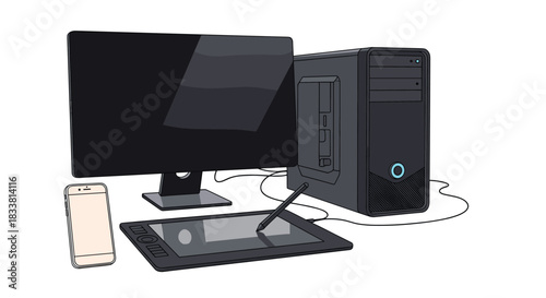A hand-drawn illustration of a complete desktop computer setup for a graphic designer, including a monitor, tower, and pen tablet.