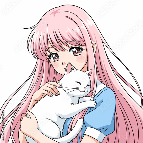 Charming anime girl with flowing pink hair lovingly holding her cute white cat, a beautiful scene of youthful innocence and pet companionship