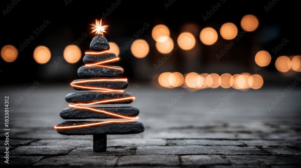 Obraz premium Stacked stone tree shape adorned with glowing orange string lights and a sparkling star atop