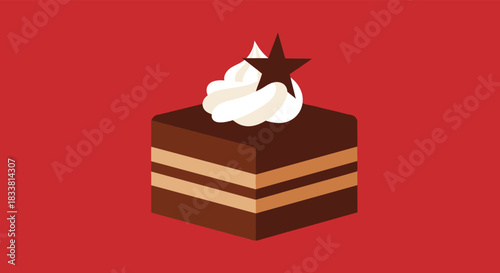 A simple flat illustration of a delicious slice of layered chocolate cake topped with whipped cream and a chocolate star decoration.