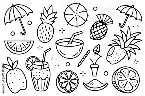 Summer Tropical Fruits and Drinks Hand Drawn Doodle Line Art Set.