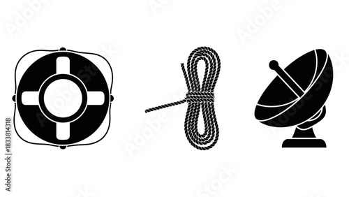 Black and white icons of a lifebuoy, coiled rope, and satellite dish representing maritime safety and communication.