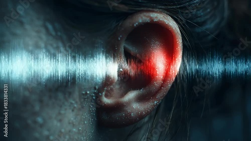 Tinnitus Concept: Close-up of Human Ear with Redness and Sound Waves, Illustrating Hearing Problems, Noise Pollution, or Ear Infection, Dark Background.