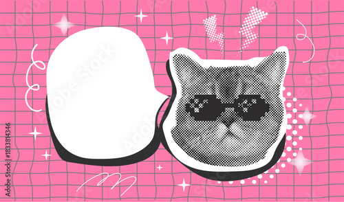 Halftone effect funny cat heads. Trendy retro y2k pet, funky emoticon animal, pop aesthetic. Meme head Punk collage made from elements. Cat, animal, pet from different angles, different poses, 