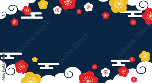 A traditional Japanese New Year background featuring plum blossoms and stylized clouds framing a dark blue center for text.
