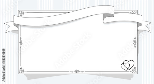 An elegant black and white wedding invitation frame with a flowing ribbon banner, intricate corners, and two intertwined hearts.